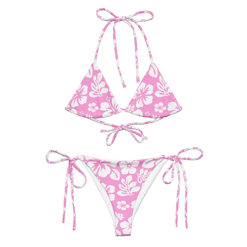 White Hawaiian Flowers on Pink String Bikini