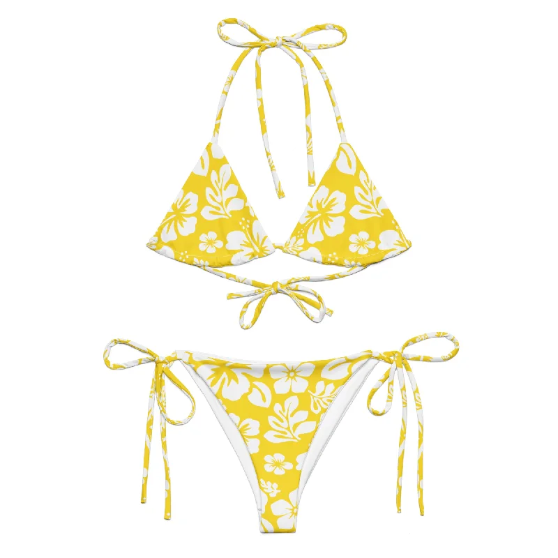 White Hawaiian Flowers on Yellow String Bikini