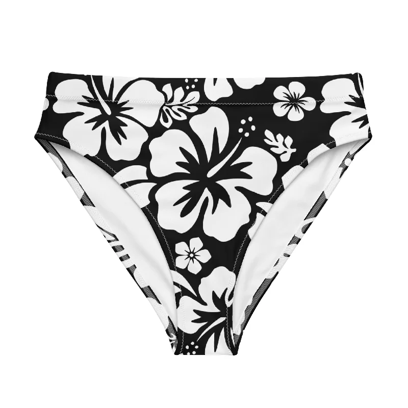 White Hawaiian Hibiscus Flowers on Black High Waisted Bikini Bottom