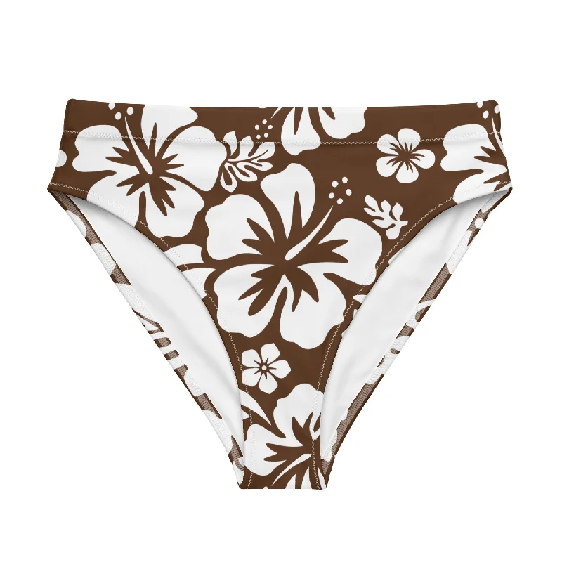 White Hawaiian Hibiscus Flowers on Brown High Waisted Bikini Bottom