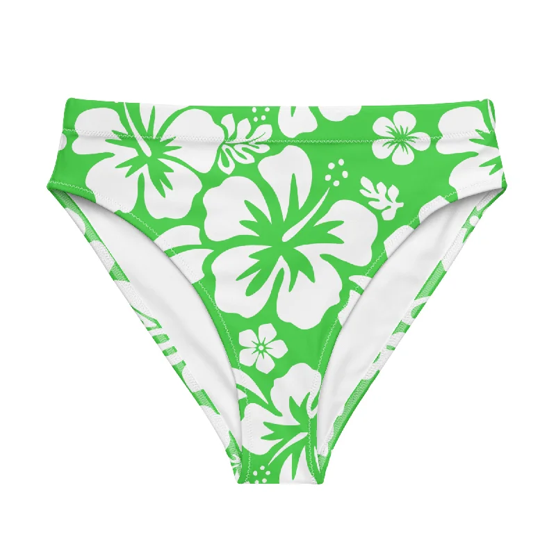 White Hawaiian Hibiscus Flowers on Lime Green High Waisted Bikini Bottom