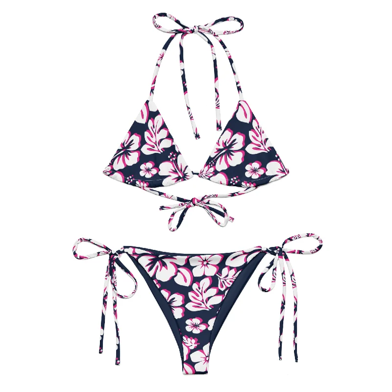 White, Hot Pink and Navy Blue Hawaiian Flowers String Bikini