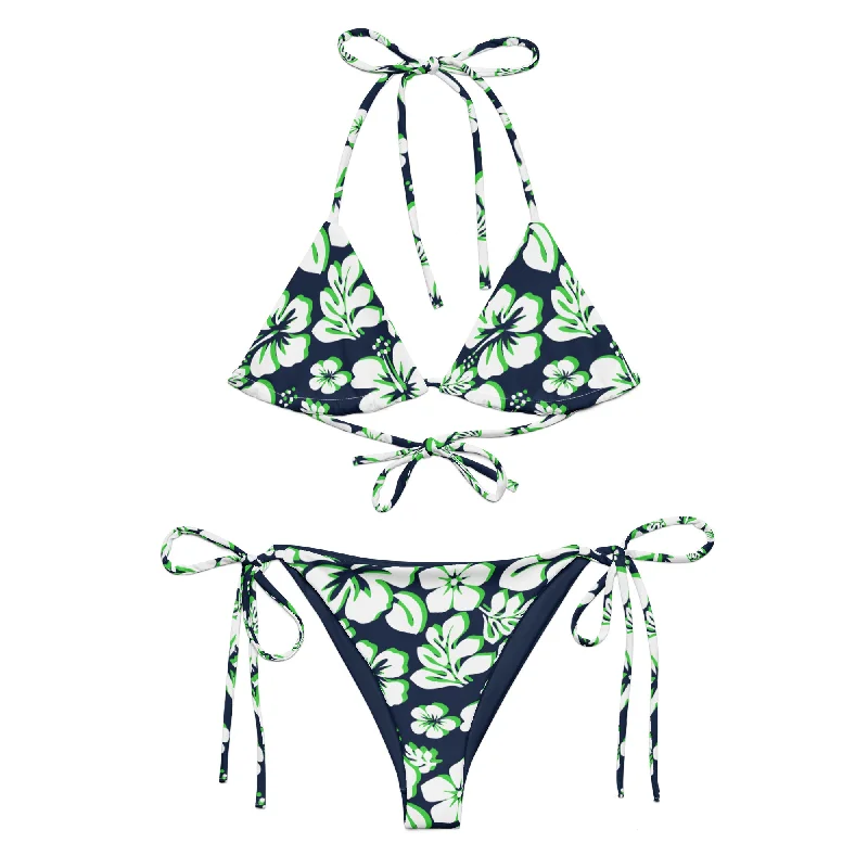 White, Lime Green and Navy Blue Hawaiian Flowers String Bikini