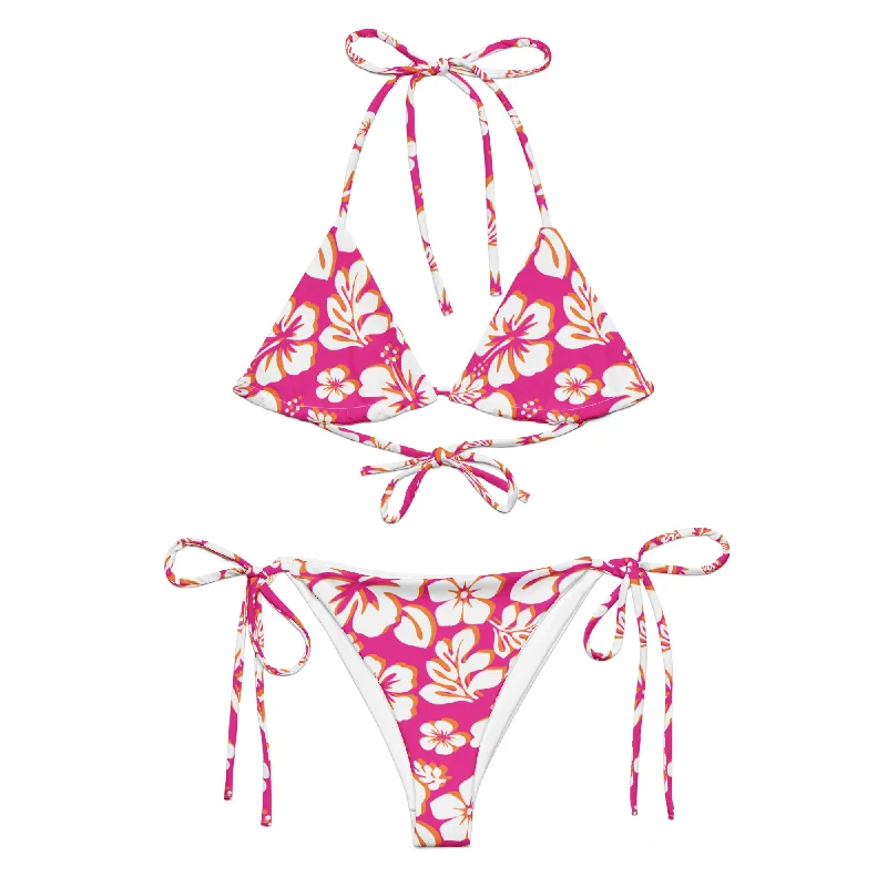 White, Orange and Hot Pink Hawaiian Flowers String Bikini