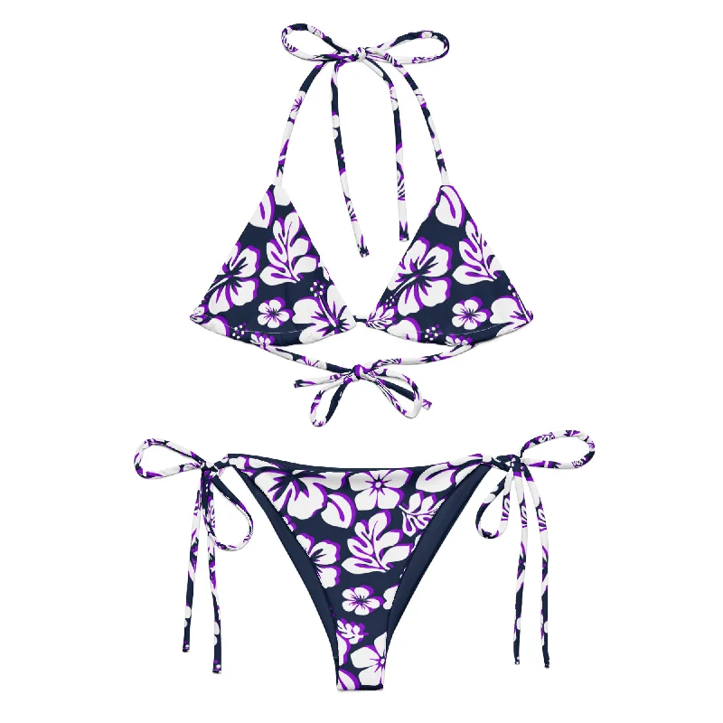 White, Purple and Navy Blue Hawaiian Flowers String Bikini