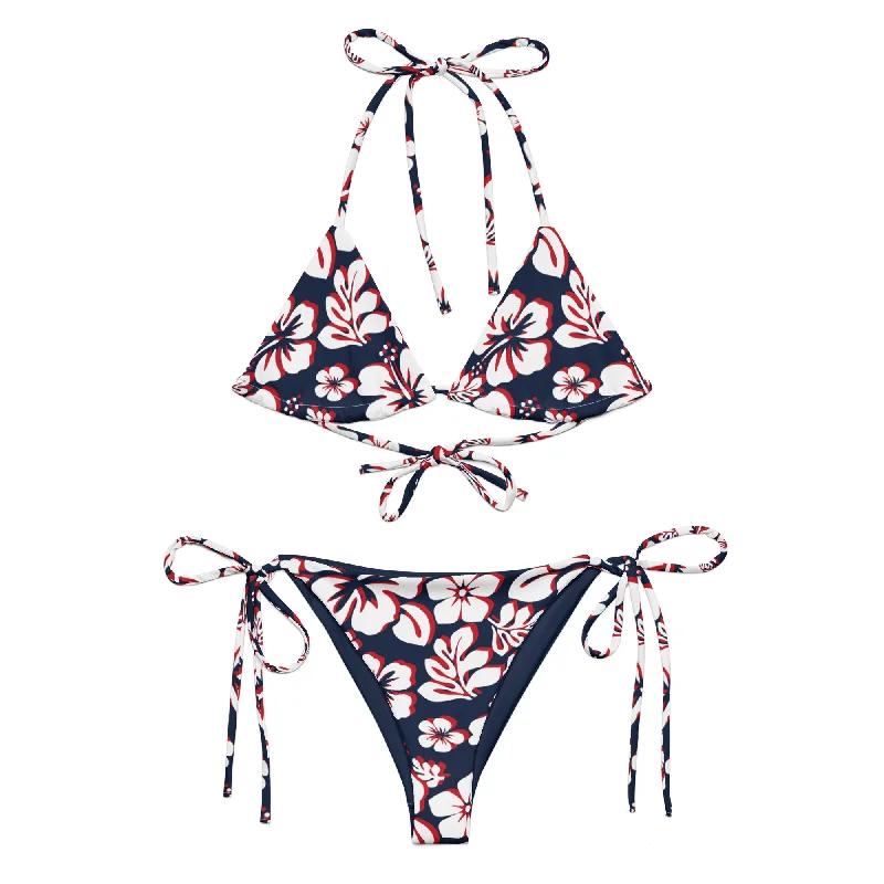 White, Red and Navy Blue Hawaiian Flowers String Bikini