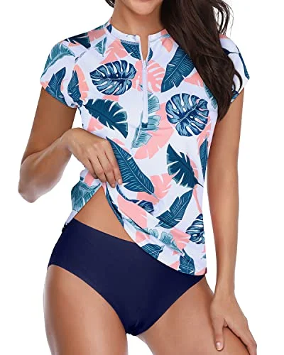 Cap Sleeve Women's Swim Shirt With Half Front Zipper-Blue Pink Leaves