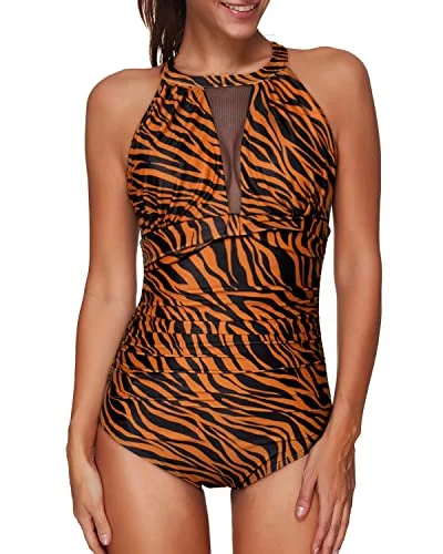 Flattering High-Neck Mesh Plunge One-Piece For Women's Swimwear-Brown Zebra Pattern