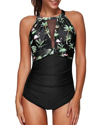 Flattering High Neck Mesh Women's Swimsuit-Black Palm Tree