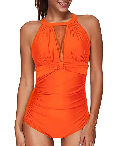 High Neck Mesh Monokini One Piece Swimsuit Ruched Detailing-Neon Orange