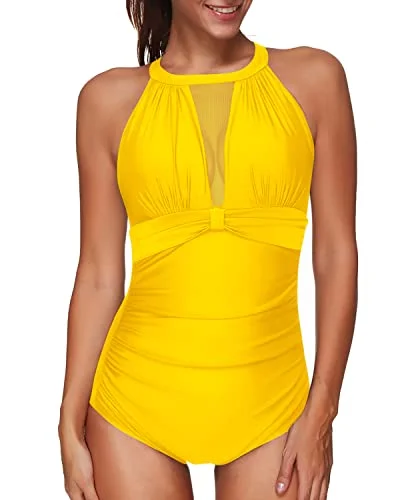 High Neck Plunge Mesh Ruched Monokini Swimwear Women One Piece Swimsuit-Neon Yellow