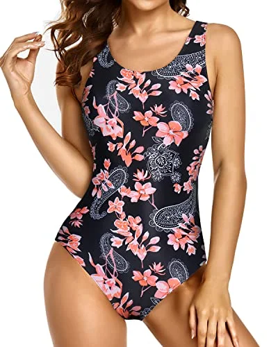 Competitive Swimsuits Athletic Swimsuits For Women-Black Pink Flowers