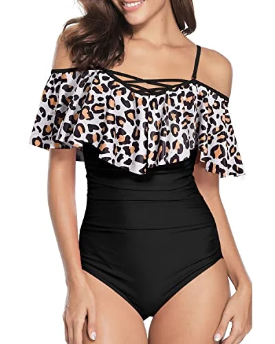 Criss Cross Lace Up Vintage Ruffle Off Shoulder One Piece Swimsuit-Black And Leopard