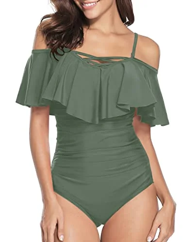 Criss Cross Lace Up Off Shoulder Tummy Control Swimsuits For Women-Olive Green