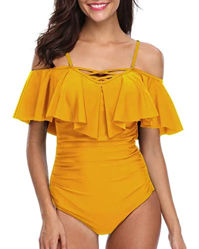 Women's Removable Soft Push Up Padded Bra Ruffle Swimsuits-Yellow