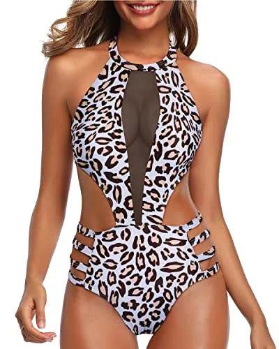 Flirty Mesh Patchwork Cutout Monokini Swimwear For Women-Leopard