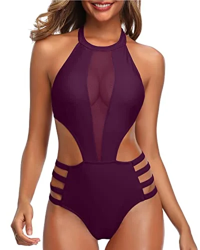 Flattering Mesh Swimsuit Sexy One Piece Bathing Suit For Women-Maroon