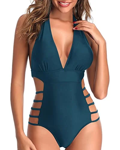 High Leg Cut Out String Sexy One Piece Swimsuits-Teal