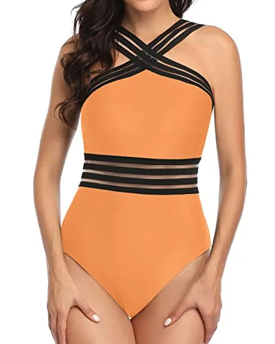 Front Crossover Swimwear One Piece Tummy Control Bathing Suit-Light Orange