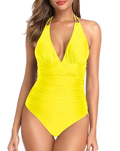 Sexy Plunge V Neck Women One Piece Swimsuit Halter Bathing Suit-Neon Yellow