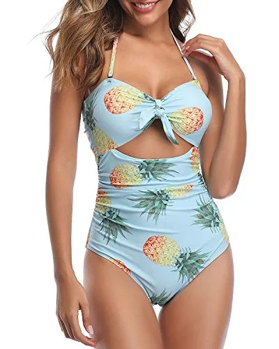 Flattering Look & Tummy Control Sexy Cutout One Piece Swimsuits-Light Blue Pineapple