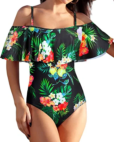 Chic Off Shoulder One Piece Swimsuit With Spaghetti Straps-Black Leaf