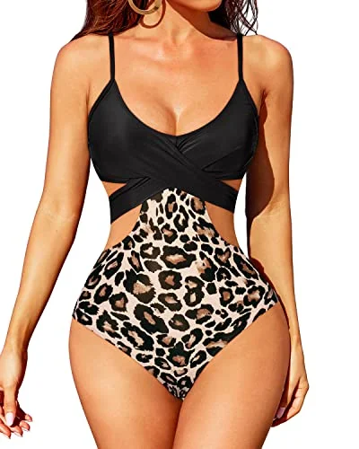 Criss Cross Tie Knot Back One Piece Swimsuit For Women-Black And Leopard