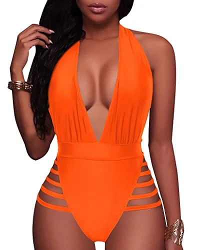 Flattering Halter Top Plunge Deep V Neck One Piece Swimsuits-Neon Orange