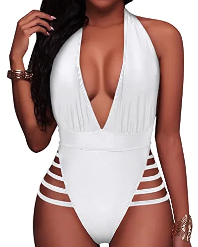 Flounce Ruffled Off Shoulder Plunge Deep V Neck One Piece Swimsuits-White