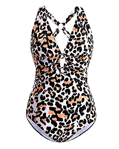 Criss Cross Ruched One Piece Swimsuits Deep V Neck Keyhole Bathing Suits-Leopard