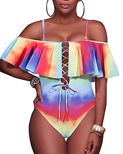 Flattering Ruffled Women Sexy One Piece Swimwear-Color Tie Dye