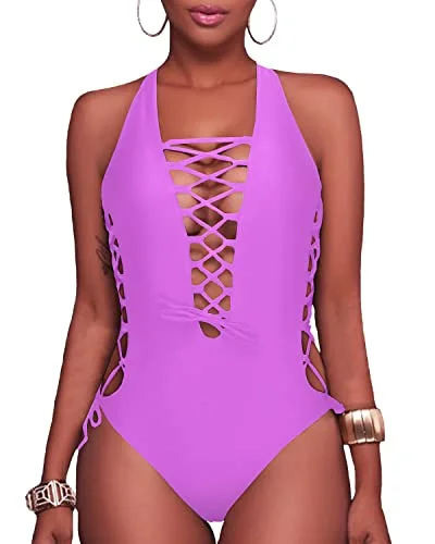 Chic Cross Back Thong Monokini Swimsuit-Light Purple