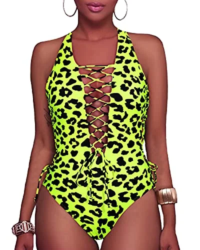 Chic Criss Cross Thong One Piece Swimsuits-Yellow Leopard