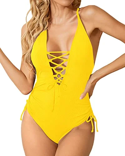 Lace Up Adjustable Cross Back Straps Deep V Neck One Piece Swimsuit-Neon Yellow