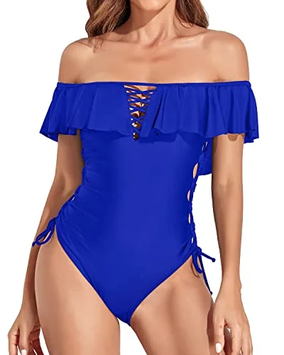 Hawaiian Style Off Shoulder Ruffled Flounce One Piece Swimsuit-Royal Blue