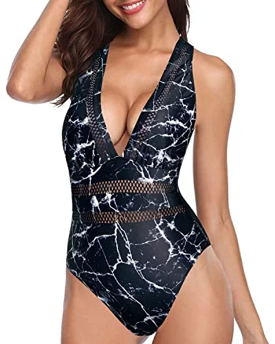 Glamorous Criss-Cross Back Long Torso One Piece Swimsuit-Black Marble